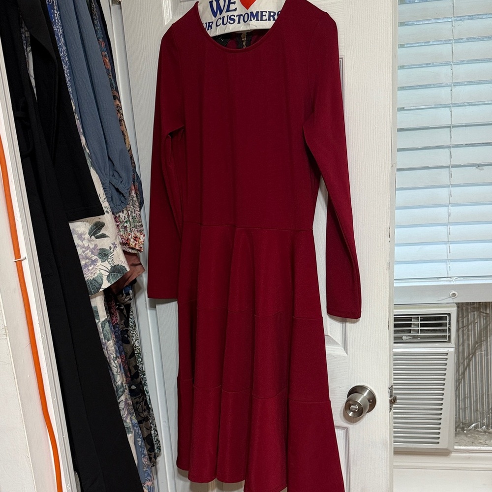 Long Sleeve Wine Red Fit-and-Flare Dress